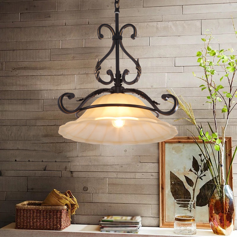 Classic Curved Iron Suspension Lighting With Distressed White Glass Shade - Dining Room Pendant