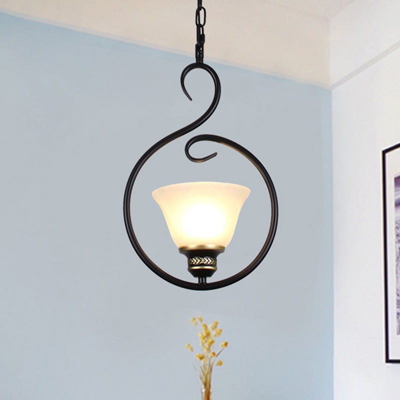 Traditional Opal Glass Hooded Pendant Light With Black Bell Shade - Dining Room Ceiling / B