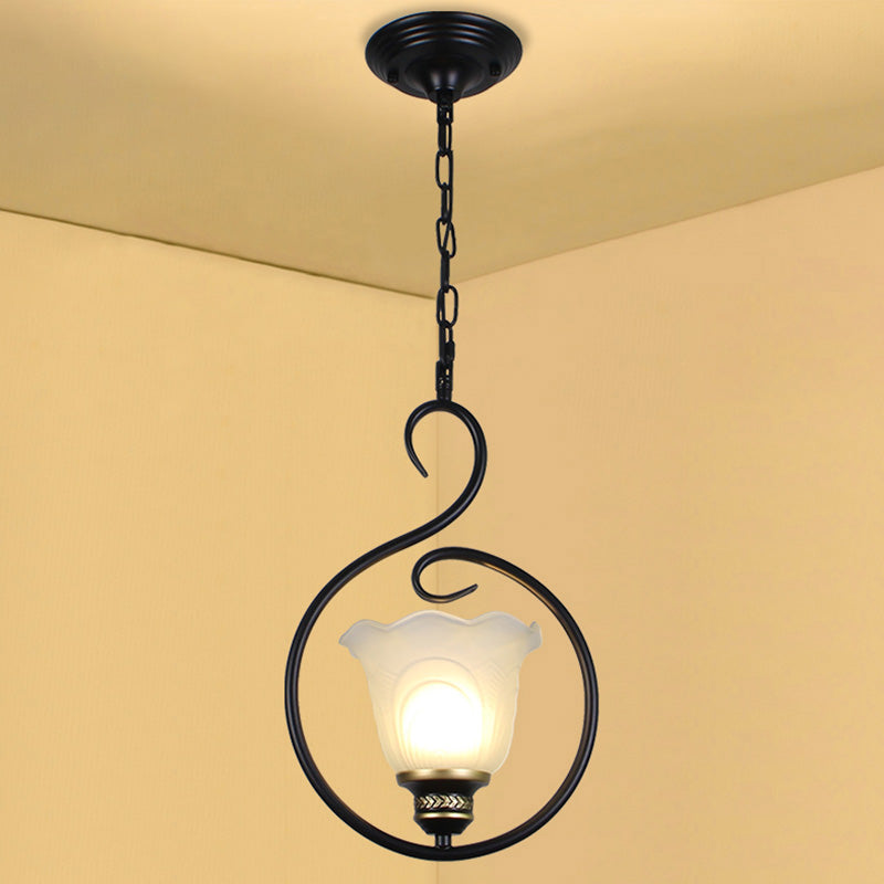 Traditional Opal Glass Hooded Pendant Light With Black Bell Shade - Dining Room Ceiling