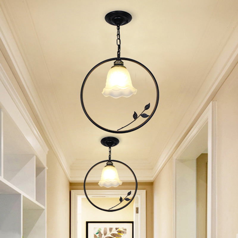 Vintage Black Iron Pendant Light With Frosted Glass Shade For Corridor Suspension / B