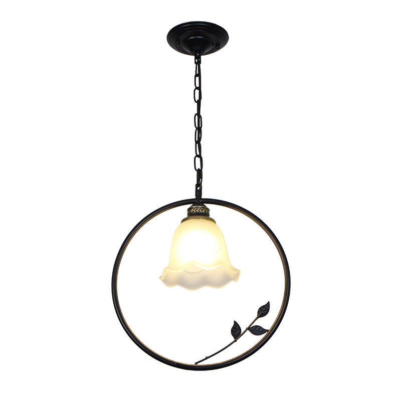 Vintage Black Iron Pendant Light With Frosted Glass Shade For Corridor Suspension