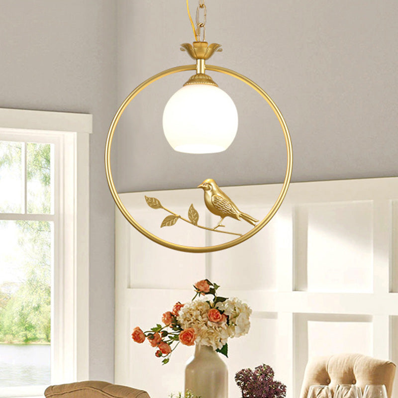 Cottage Bird Suspension Light With Opal Glass Shade Gold