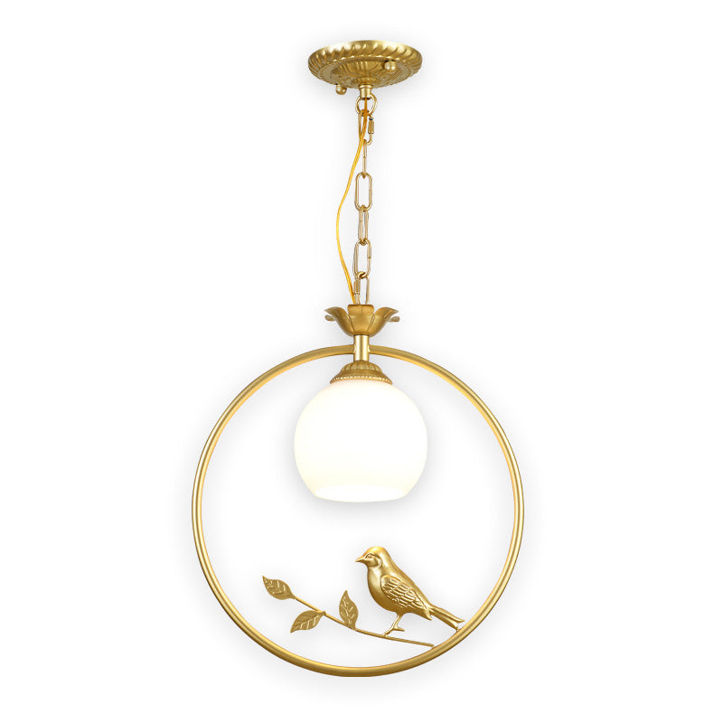 Cottage Bird Suspension Light With Opal Glass Shade