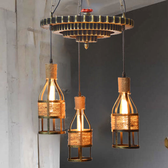 Industrial Bronze 3-Light Hanging Chandelier - Rope And Metal Pendant Fixture For Dining Room With