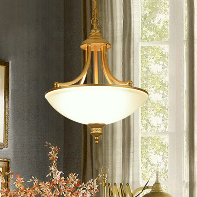 Frost Glass Chandelier - Inverted Dome Pendant Light Classic Design For Dining Room (3 Heads) Gold