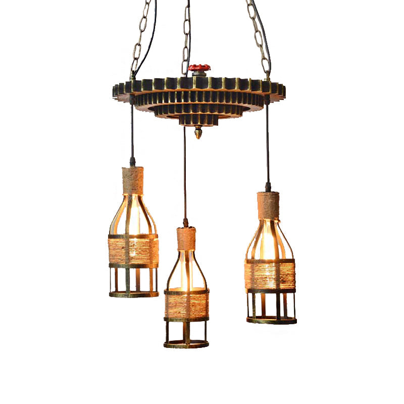 Industrial Bronze Bottle Chandelier - 3-Light Rope and Metal Hanging Pendant Light Fixture for Dining Room with Gear