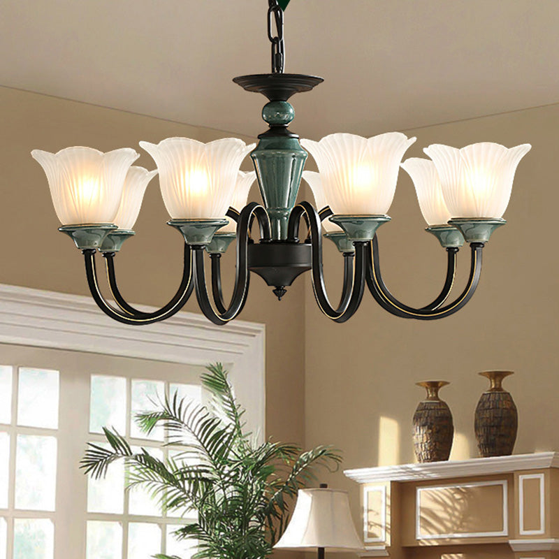 Rustic Floral Chandelier With Blackish Green Suspension And Frosted Glass For Living Room