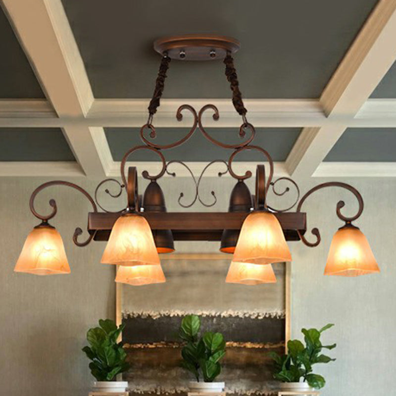 Copper Swirled Arm Chandelier With Bell Beige Glass Shade - Classic Dining Room Pendant Light