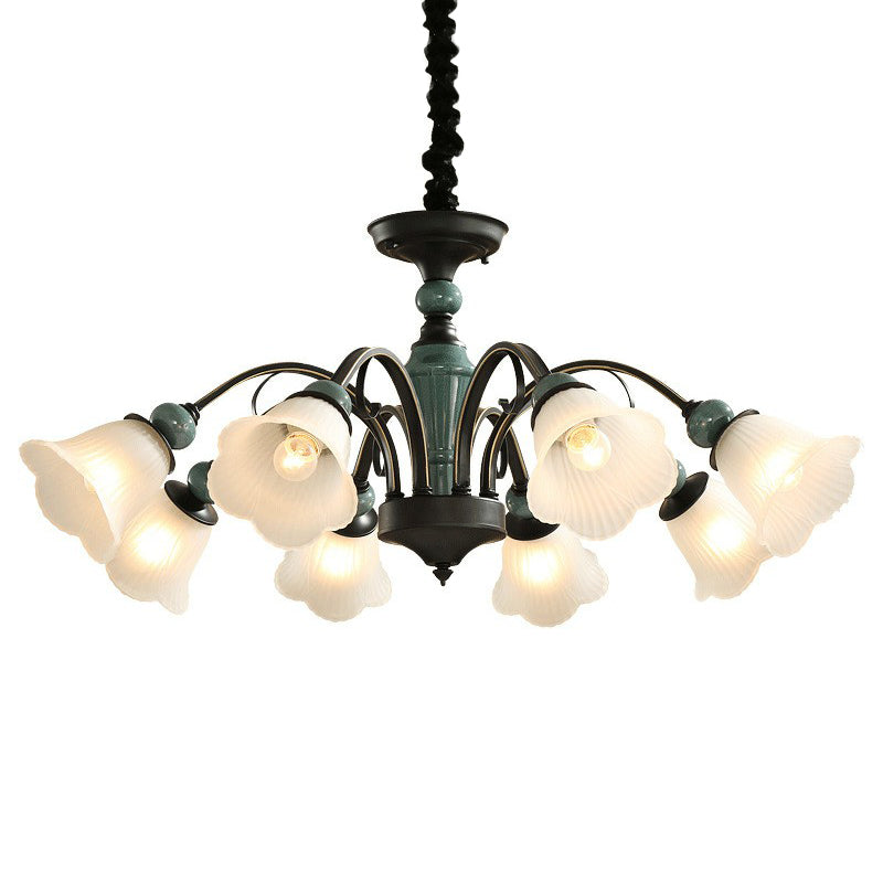 Green Vintage Floral Frosted Opal Glass Chandelier Pendant Light For Living Room