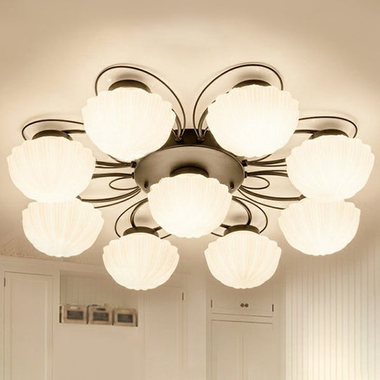 Ribbed Cream Glass Black Flush Mount Chandelier: Classic Semi Light For Dining Room 9 / 2 Tiers