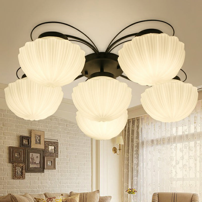 Ribbed Cream Glass Black Flush Mount Chandelier: Classic Semi Light For Dining Room 6 / 2 Tiers