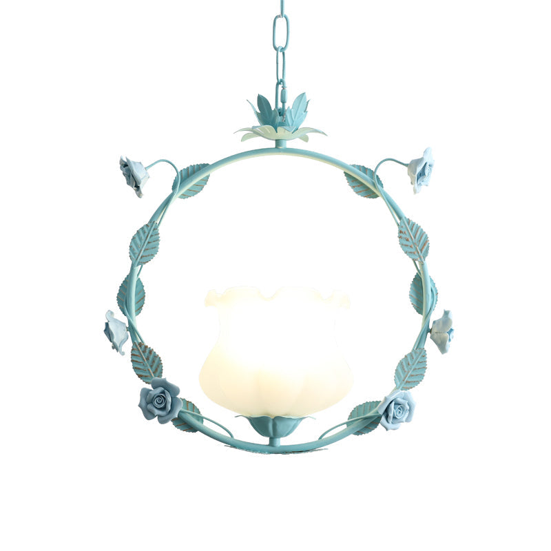 Pastoral Bud Ceiling Light - Single-Bulb Cream Glass Pendant With Floral Hoop