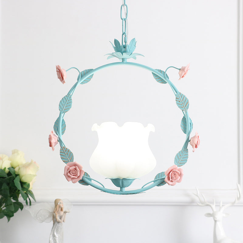 Pastoral Bud Ceiling Light - Single-Bulb Cream Glass Pendant With Floral Hoop Pink