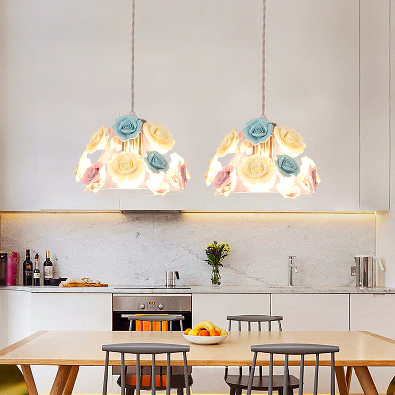 Pastoral Rose Ceramic Pendant Light: Pink-Blue Suspension Fixture For Dining Room