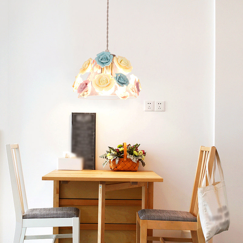 Pastoral Rose Ceramic Pendant Light: Pink-Blue Suspension Fixture For Dining Room 1 /