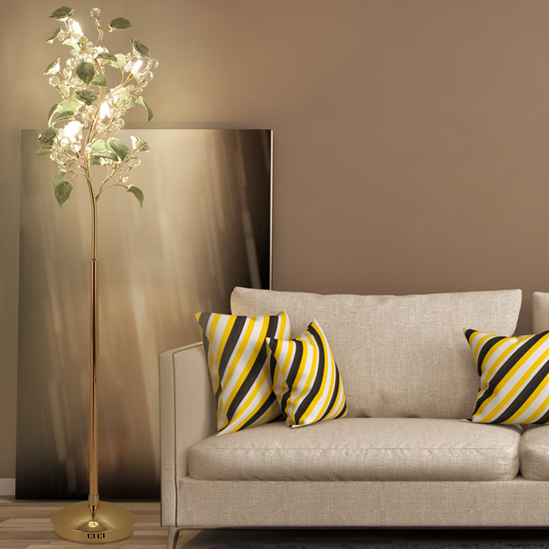 Green Ceramic Rose Led Floor Lamp With Crystal Decor - Elegant Living Room Lighting