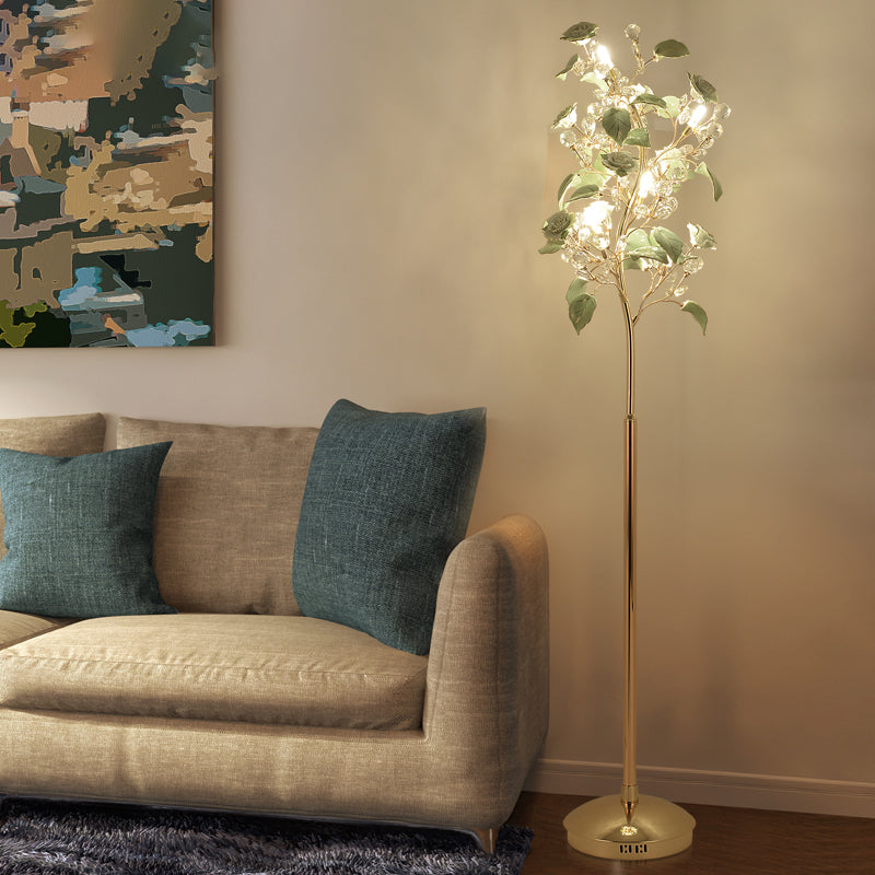 Green Ceramic Rose Led Floor Lamp With Crystal Decor - Elegant Living Room Lighting