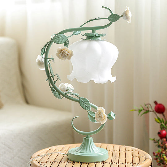 Pastoral Rose Ceramic Lamp W/ Cream Glass Shade - Elegant Living Room Table Light Green