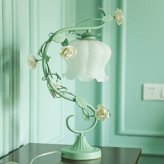 Pastoral Rose Ceramic Lamp W/ Cream Glass Shade - Elegant Living Room Table Light