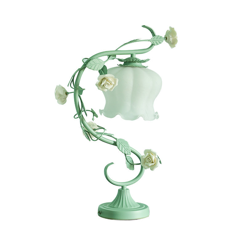 Pastoral Rose Ceramic Lamp W/ Cream Glass Shade - Elegant Living Room Table Light