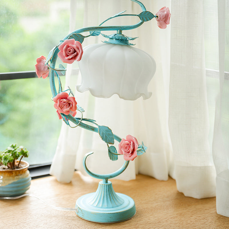 Pastoral Rose Ceramic Lamp W/ Cream Glass Shade - Elegant Living Room Table Light Blue