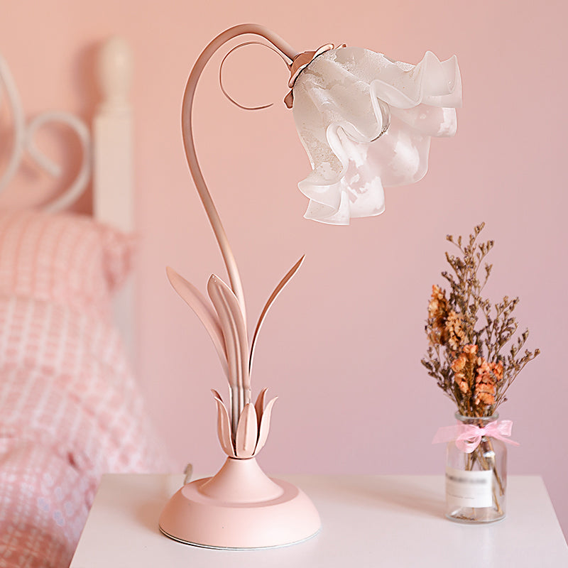 Korean Opal Glass Pink Lily Table Lamp - Elegant Nightstand Light For Single Bedrooms