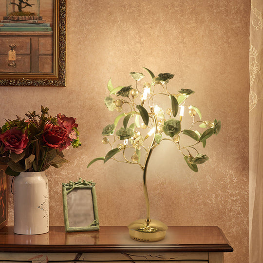 Rosebush Ceramic Table Lamp - Elegant Nightstand Lighting With Crystal Decor For Bedside 6 / Green