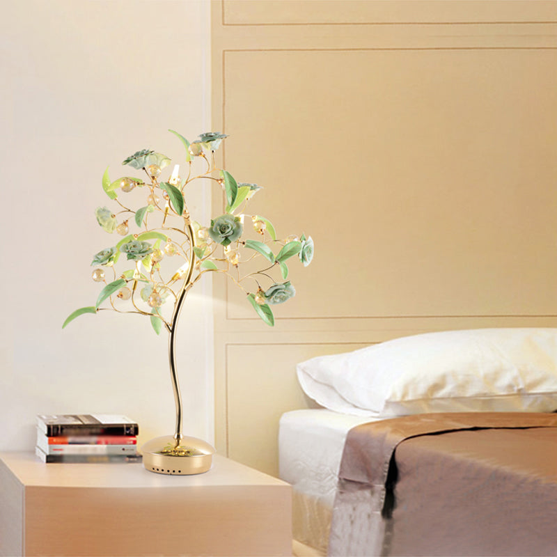 Rosebush Ceramic Table Lamp - Elegant Nightstand Lighting With Crystal Decor For Bedside