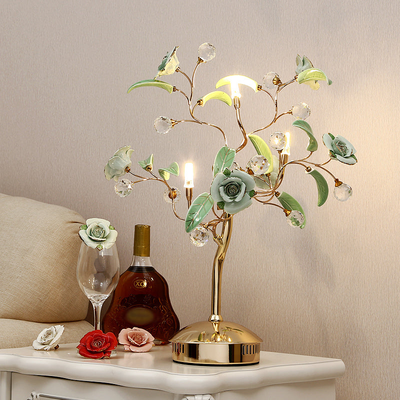 Rosebush Ceramic Table Lamp - Elegant Nightstand Lighting With Crystal Decor For Bedside 3 / Green