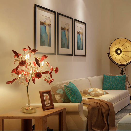 Rosebush Ceramic Table Lamp - Elegant Nightstand Lighting With Crystal Decor For Bedside 6 / Red