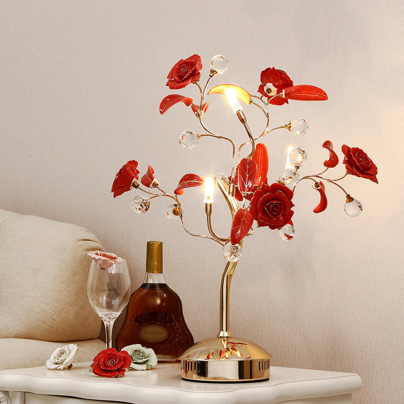 Rosebush Ceramic Table Lamp - Elegant Nightstand Lighting With Crystal Decor For Bedside 3 / Red