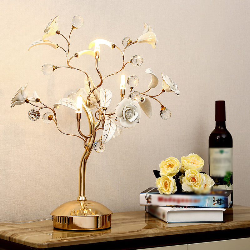 Rosebush Ceramic Table Lamp - Elegant Nightstand Lighting With Crystal Decor For Bedside 3 / White