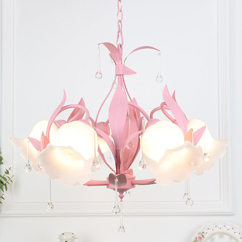 Korean Garden Floral Ceiling Chandelier With Frosted Glass And Droplet Decor For Living Room