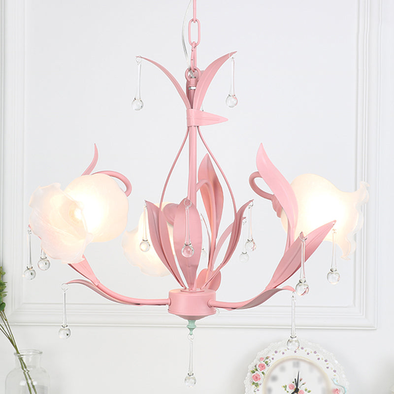 Korean Garden Floral Ceiling Chandelier With Frosted Glass And Droplet Decor For Living Room