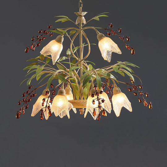 Decorative Green Flower Chandelier Pendant Light With Frosted Glass And Crystals For Living Room 8 /