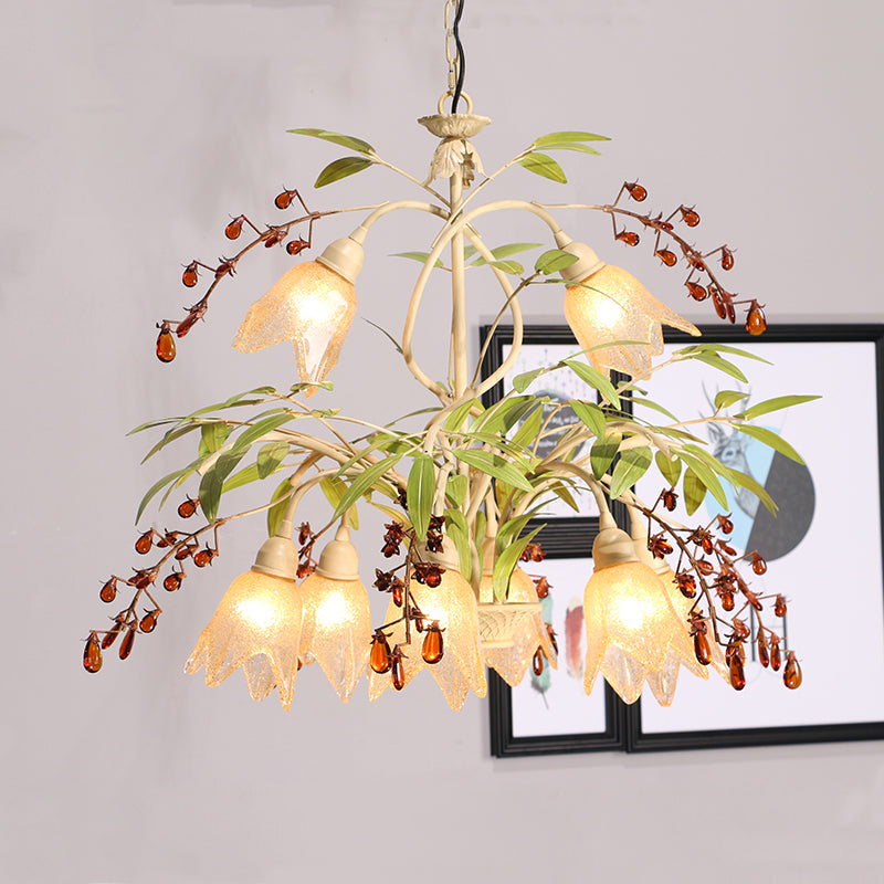 Decorative Green Flower Chandelier Pendant Light With Frosted Glass And Crystals For Living Room