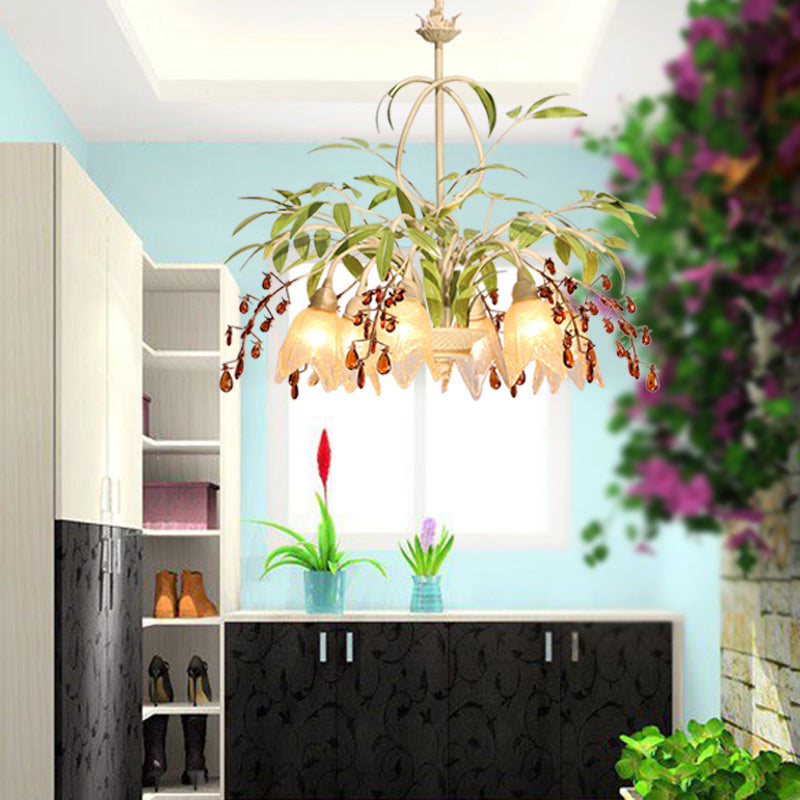 Decorative Green Flower Chandelier Pendant Light With Frosted Glass And Crystals For Living Room 6 /