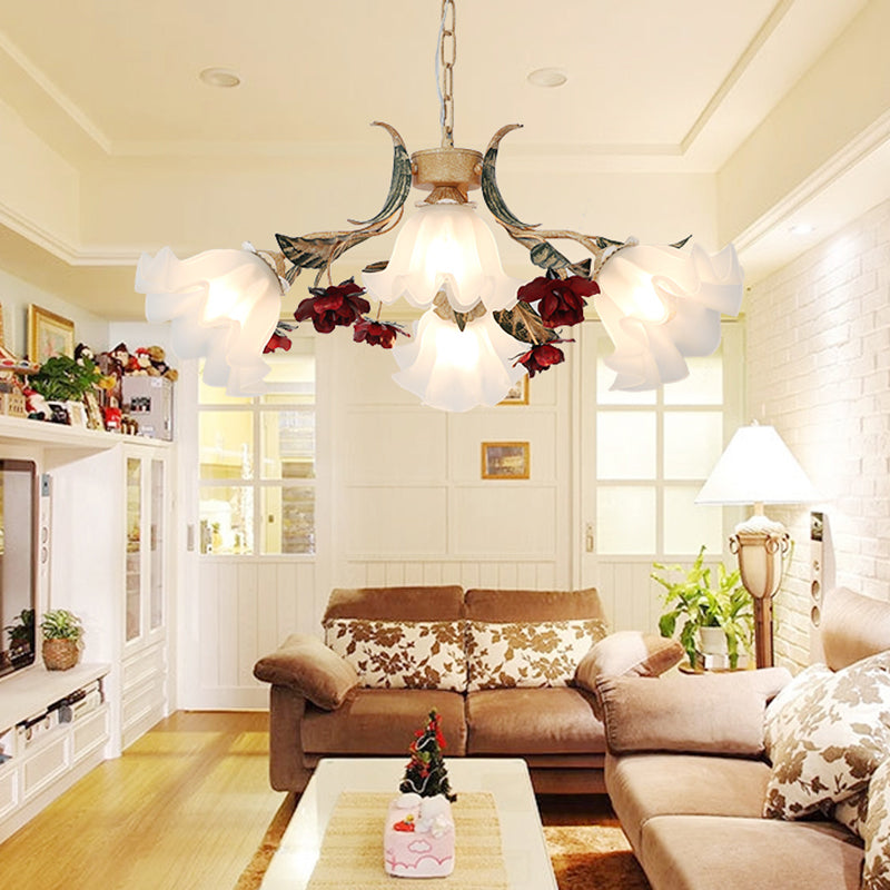 Pastoral Red Floral Glass Chandelier For Living Room Ceiling Lighting 4 /