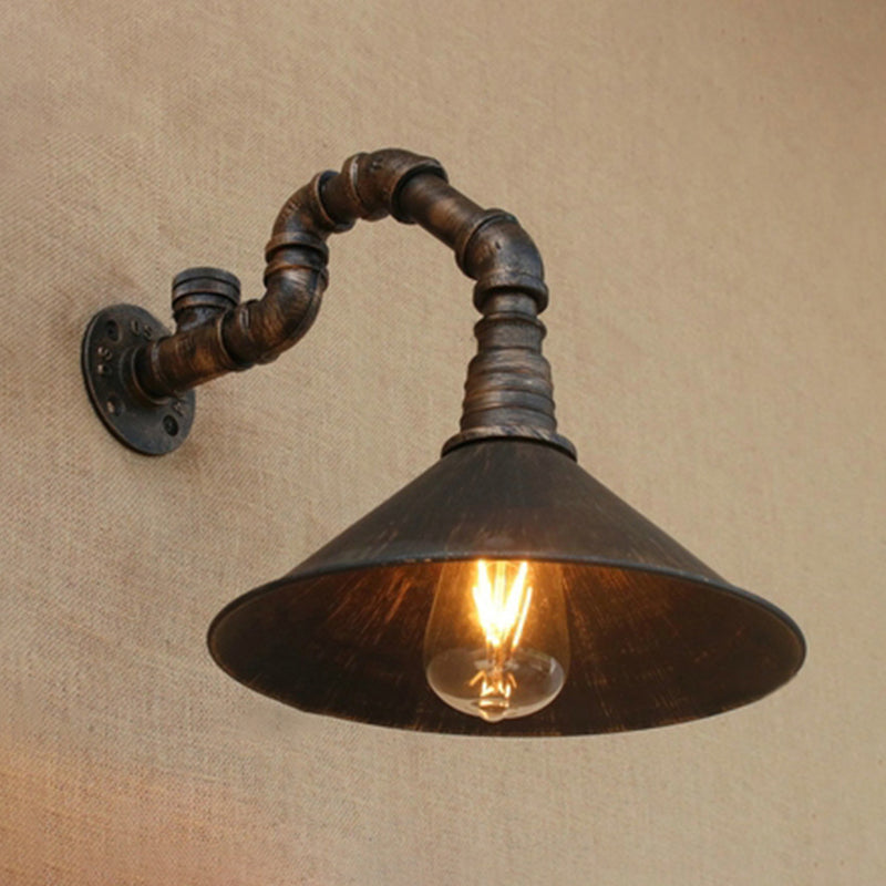 Farmhouse Style Antique Brass Wall Sconce With Metallic Cone & Pipe - 1 Head Dining Room Lighting