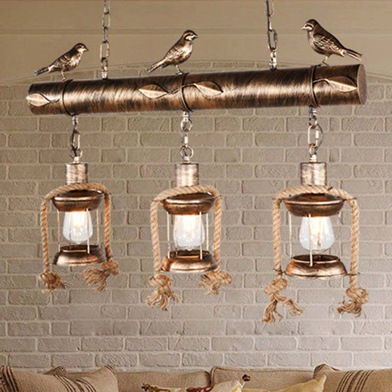 Coastal Style Metal Caged Island Pendant Light - 3-Light Kitchen Hanging Lamp In Bronze/Weathered