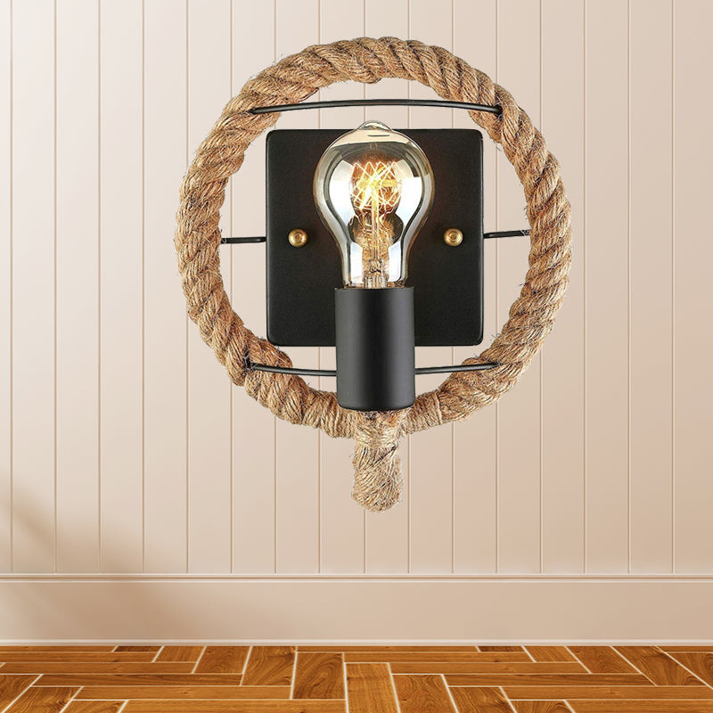 Industrial Beige Sconce Light With Rope Shade For Dining Room Wall Lighting / Round