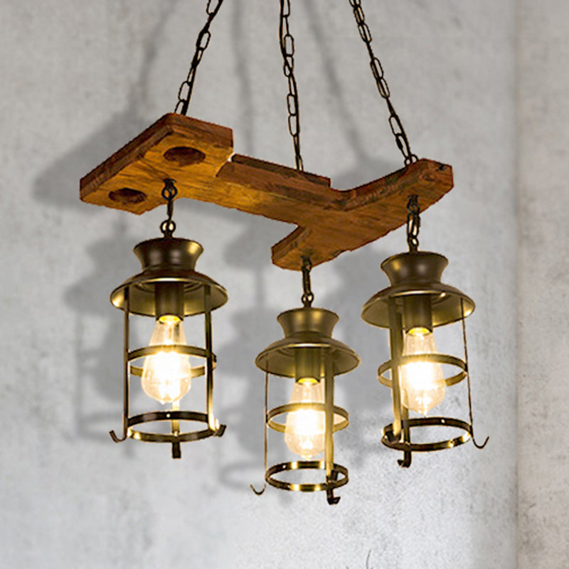 Industrial Metal Pendant Chandelier - Caged Dining Room Light Fixture with 3 Black Hanging Lights