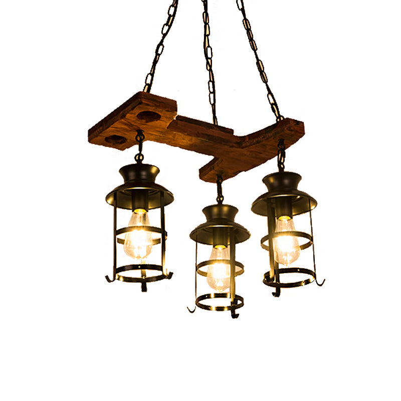 Industrial Metal Pendant Chandelier - Caged Dining Room Light Fixture with 3 Black Hanging Lights