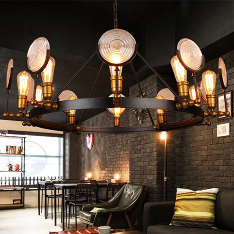 Clear Textured Glass Chandelier: Round Industrial Pendant Lighting - 6/8 Light | Brass Finish for Dining Room