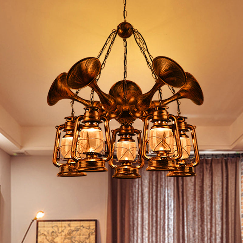 Coastal Antique Brass Lantern Chandelier Pendant Light With Clear Glass Shades For Dining Room 3/5