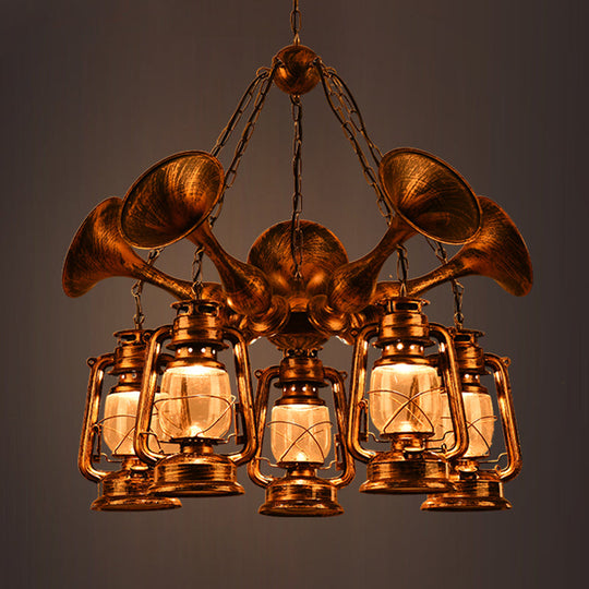 Coastal Antique Brass Lantern Shade Ceiling Lamp with Clear Glass - Dining Room Pendant Chandelier (3/5 Bulb Option)