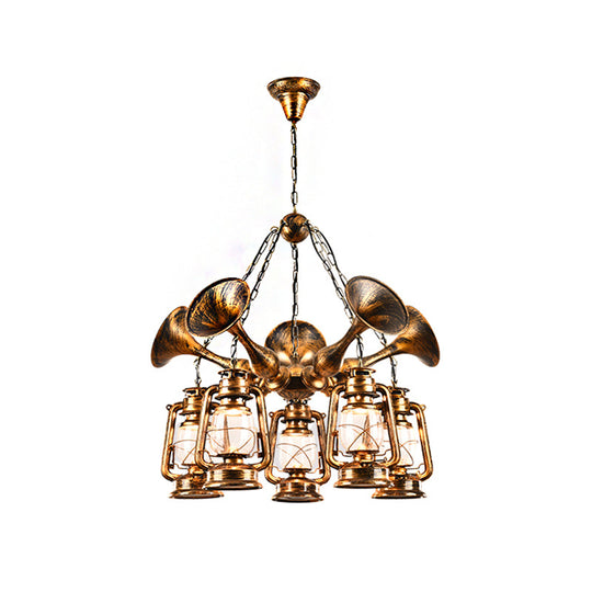 Coastal Antique Brass Lantern Shade Ceiling Lamp with Clear Glass - Dining Room Pendant Chandelier (3/5 Bulb Option)