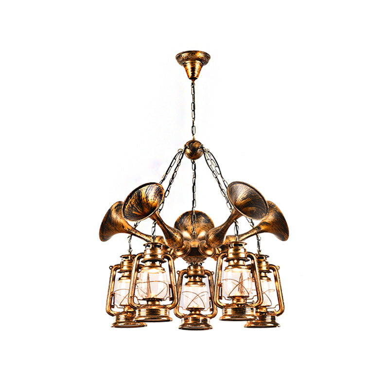Coastal Antique Brass Lantern Chandelier Pendant Light With Clear Glass Shades For Dining Room 3/5