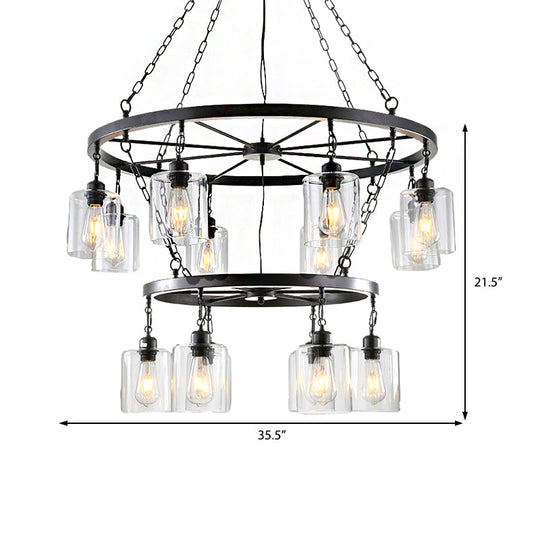 Industrial Clear Glass Cylinder Dining Room Ceiling Chandelier With Chain - Black Hanging Fixture