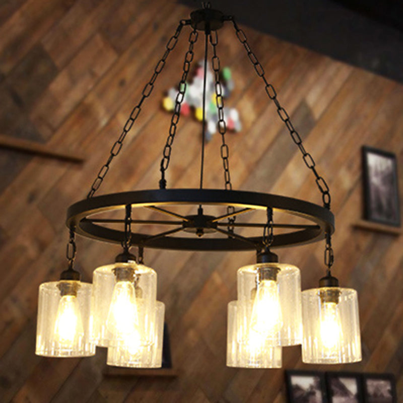 Industrial Clear Glass Cylinder Dining Room Ceiling Chandelier With Chain - Black Hanging Fixture